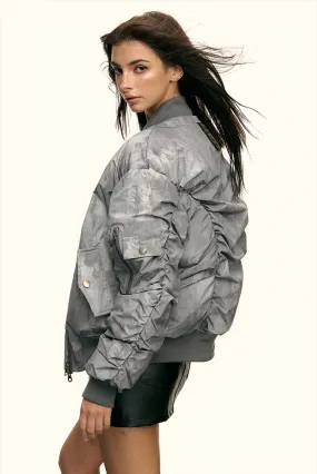 Oversized Faded Bomber Jacket with Ruched Sleeves and Utility Pockets