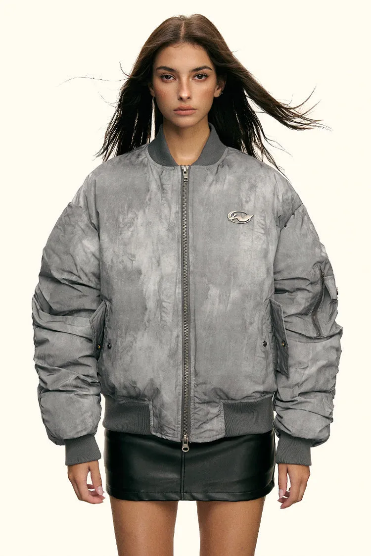 Oversized Faded Bomber Jacket with Ruched Sleeves and Utility Pockets