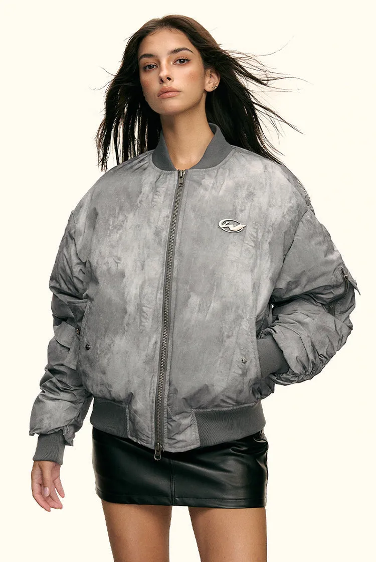 Oversized Faded Bomber Jacket with Ruched Sleeves and Utility Pockets