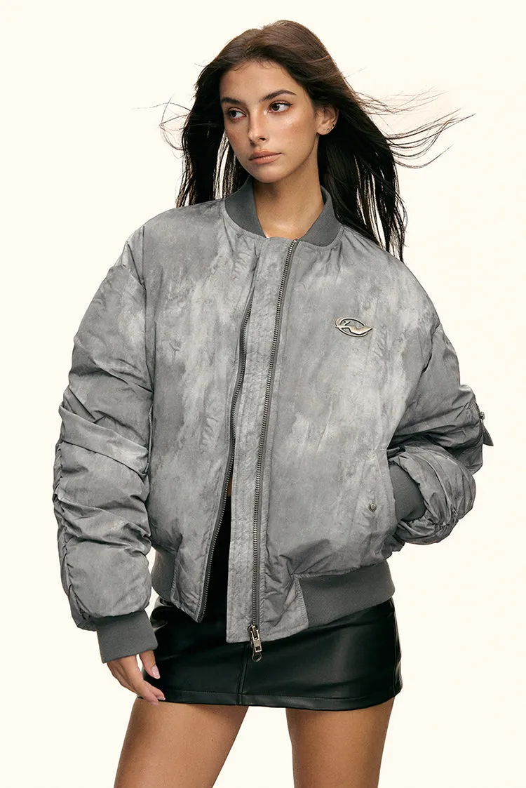 Oversized Faded Bomber Jacket with Ruched Sleeves and Utility Pockets