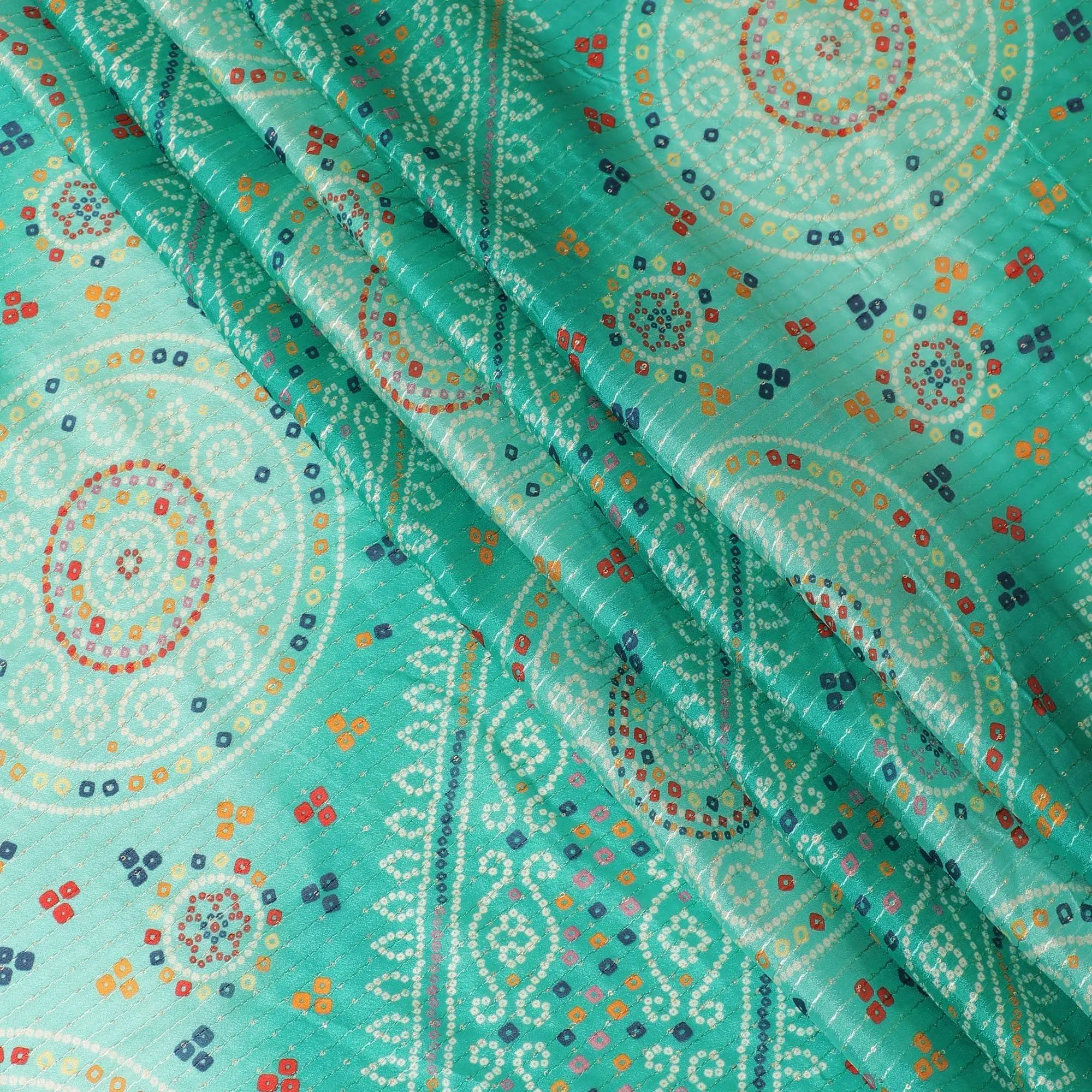 Pine green synthetic chiffon fabric with same tone embroidery stripe having multicolor print and sequins in geometric design-D9757