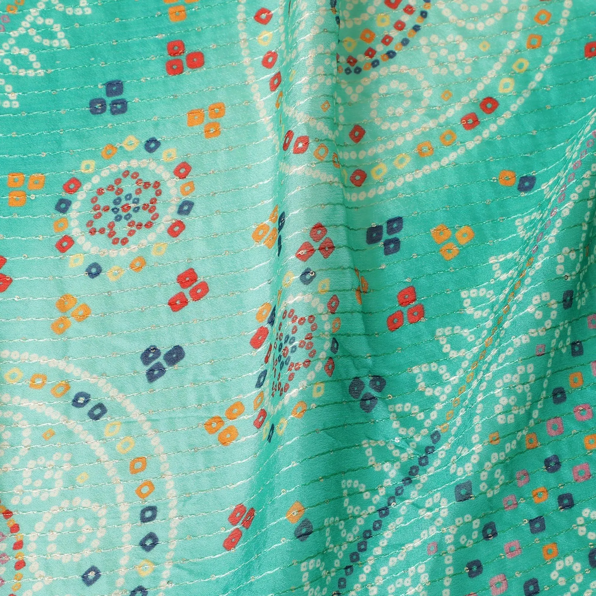 Pine green synthetic chiffon fabric with same tone embroidery stripe having multicolor print and sequins in geometric design-D9757