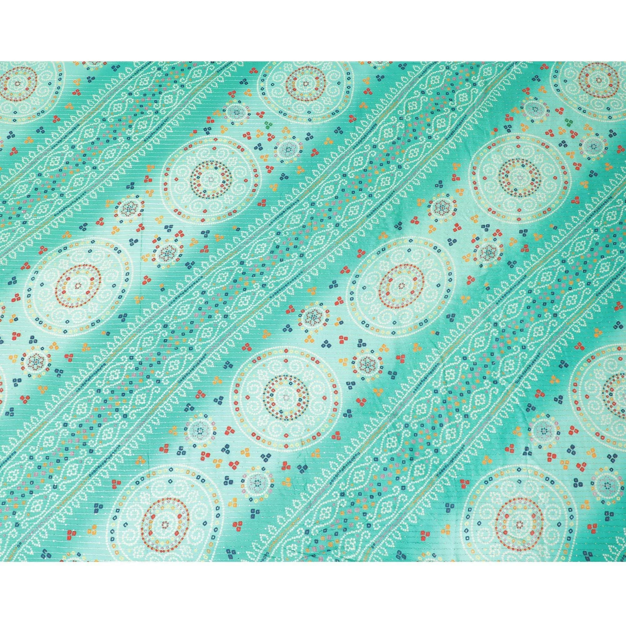 Pine green synthetic chiffon fabric with same tone embroidery stripe having multicolor print and sequins in geometric design-D9757