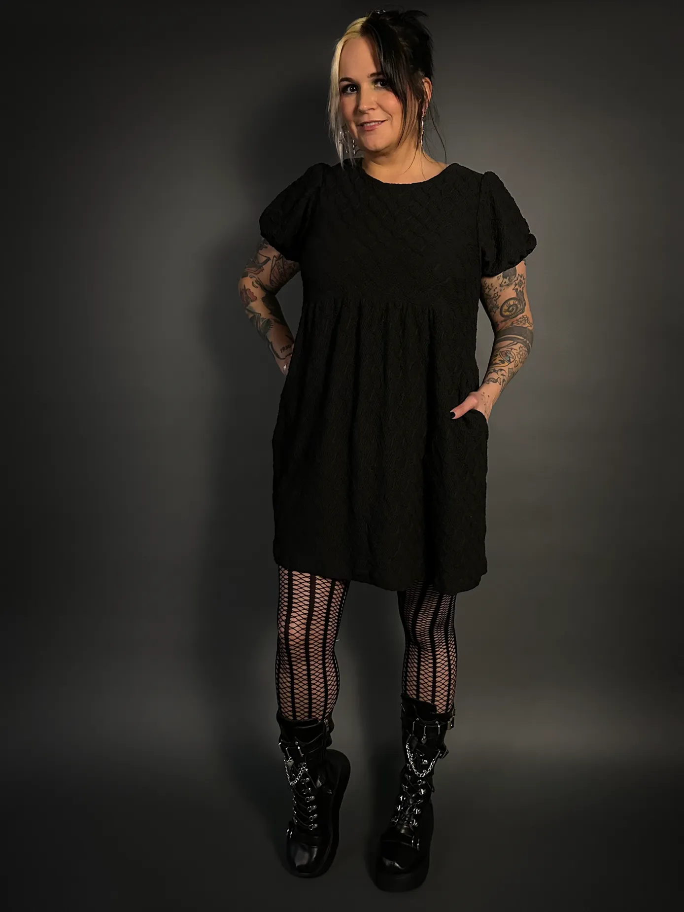 Puff Sleeve Empire Waist Smocked Jacquard Knit Mini Dress with Pockets