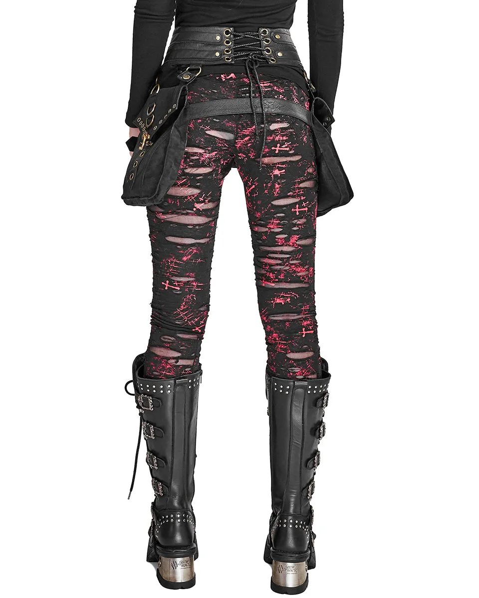 Punk Rave Corrosion Womens Shredded Dieselpunk Leggings - Black & Red