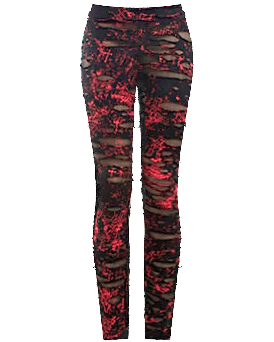 Punk Rave Corrosion Womens Shredded Dieselpunk Leggings - Black & Red