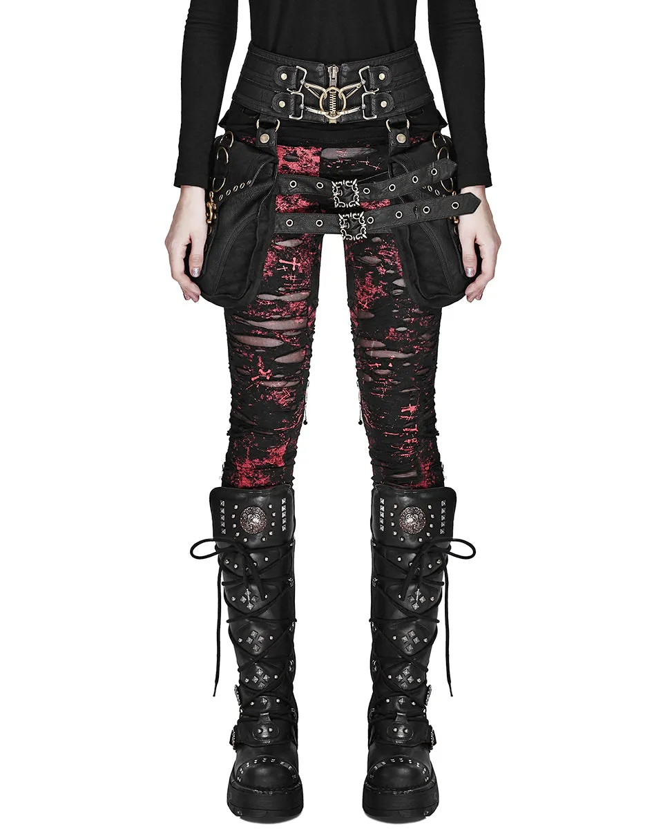 Punk Rave Corrosion Womens Shredded Dieselpunk Leggings - Black & Red