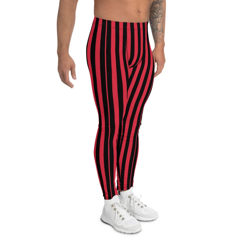 Red Black Striped Print Men's Leggings, Modern Best Festive Stripe Circus Meggings-Made in USA/EU/MX