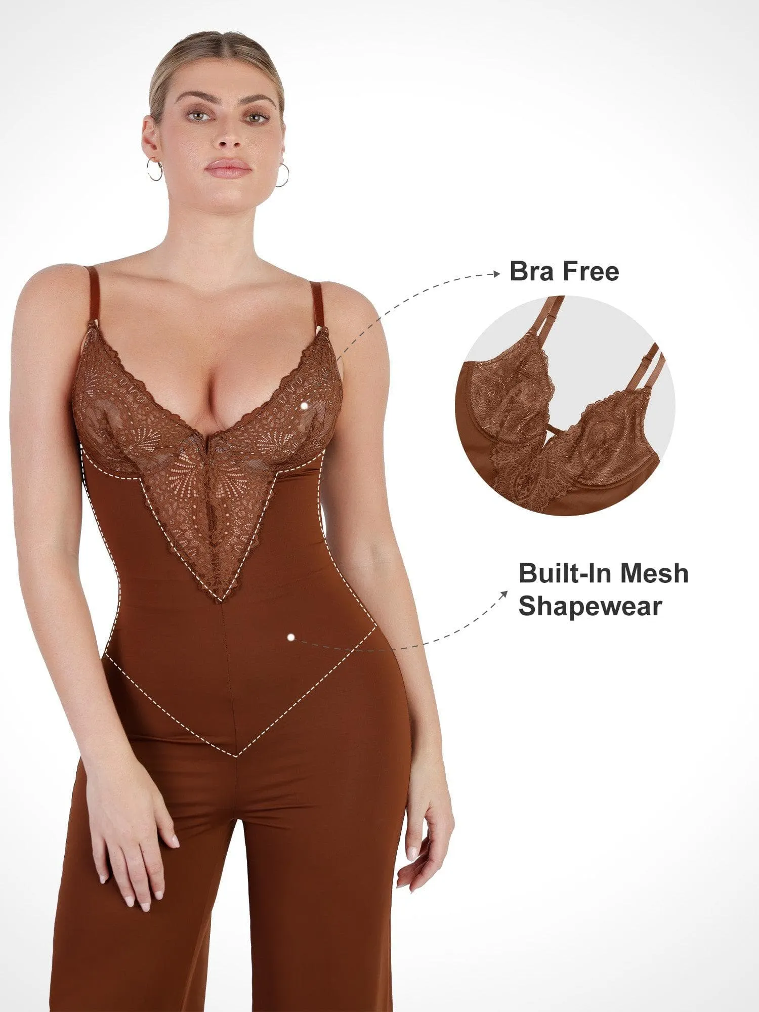 Shapewear Lace Deep V-Neck Sculpting Wide Leg Jumpsuit For Insiders