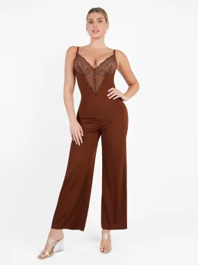 Shapewear Lace Deep V-Neck Sculpting Wide Leg Jumpsuit For Insiders