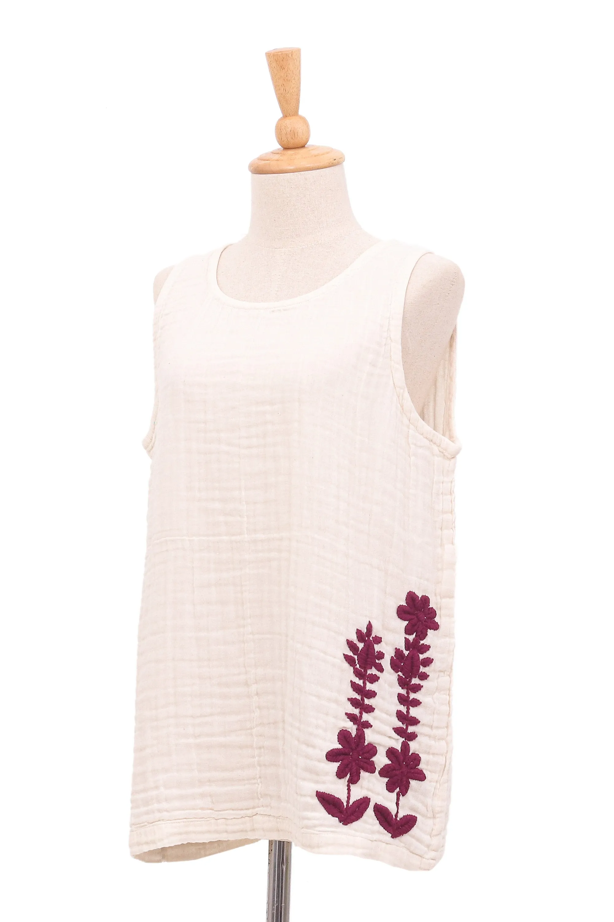 Sleeveless Cotton Blouse with Floral Motif - Mulberry Trellis | NOVICA