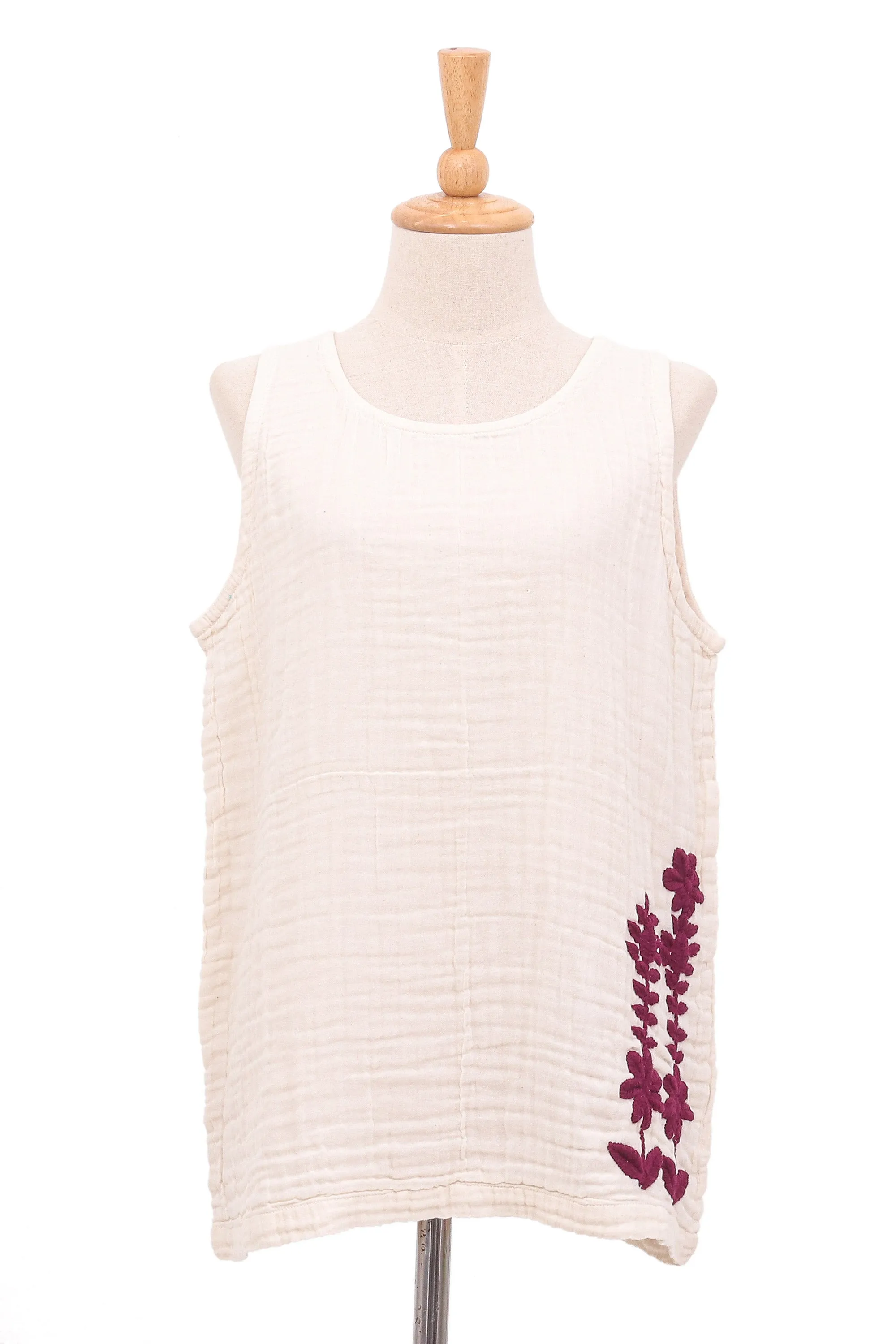 Sleeveless Cotton Blouse with Floral Motif - Mulberry Trellis | NOVICA