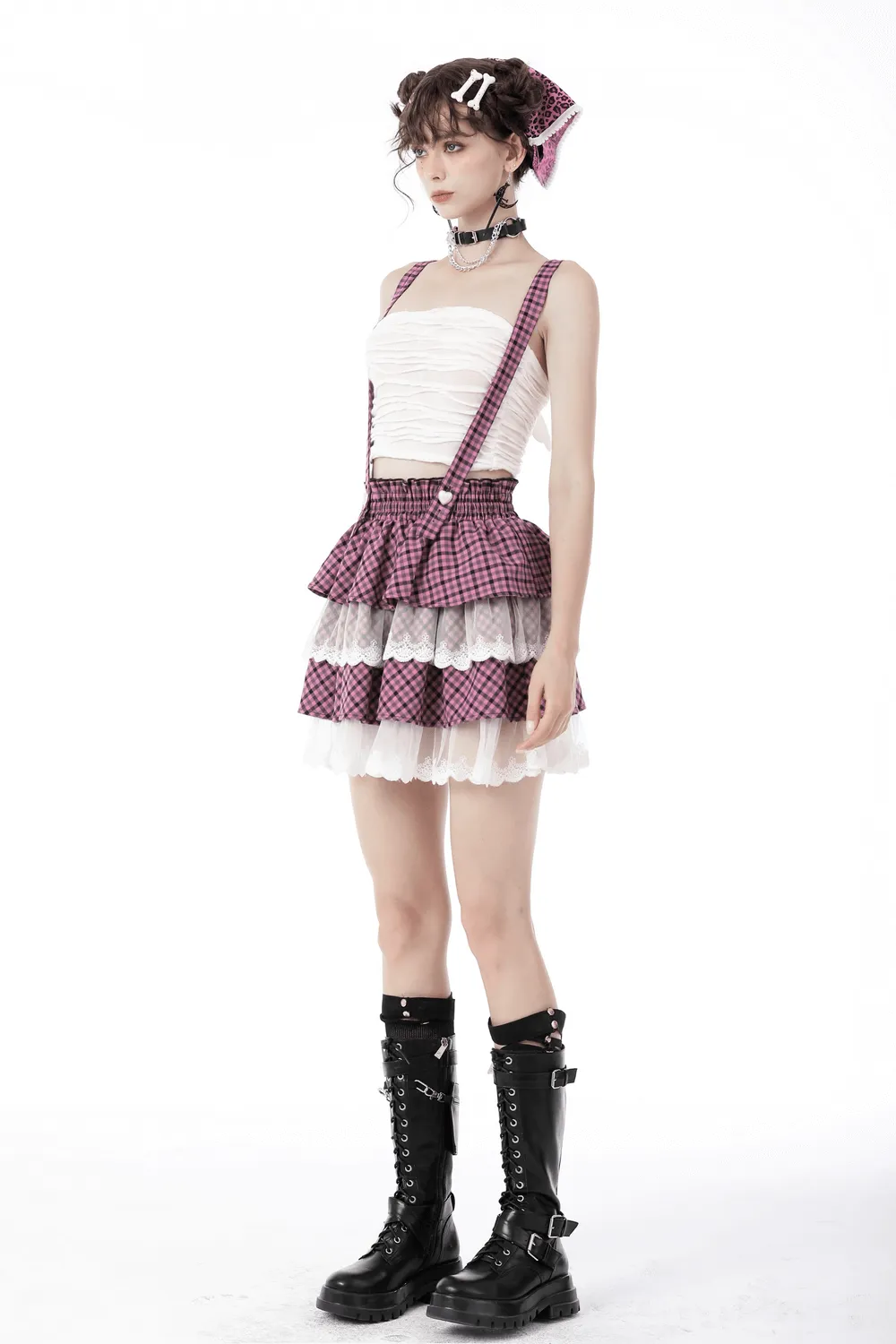 Stylish Pink Kawaii Pleated Skirt with Lace Trim