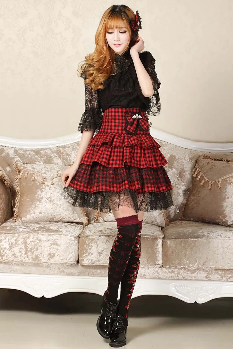 Sweet College Style Punk Plaid Black and Red Layered Skirt