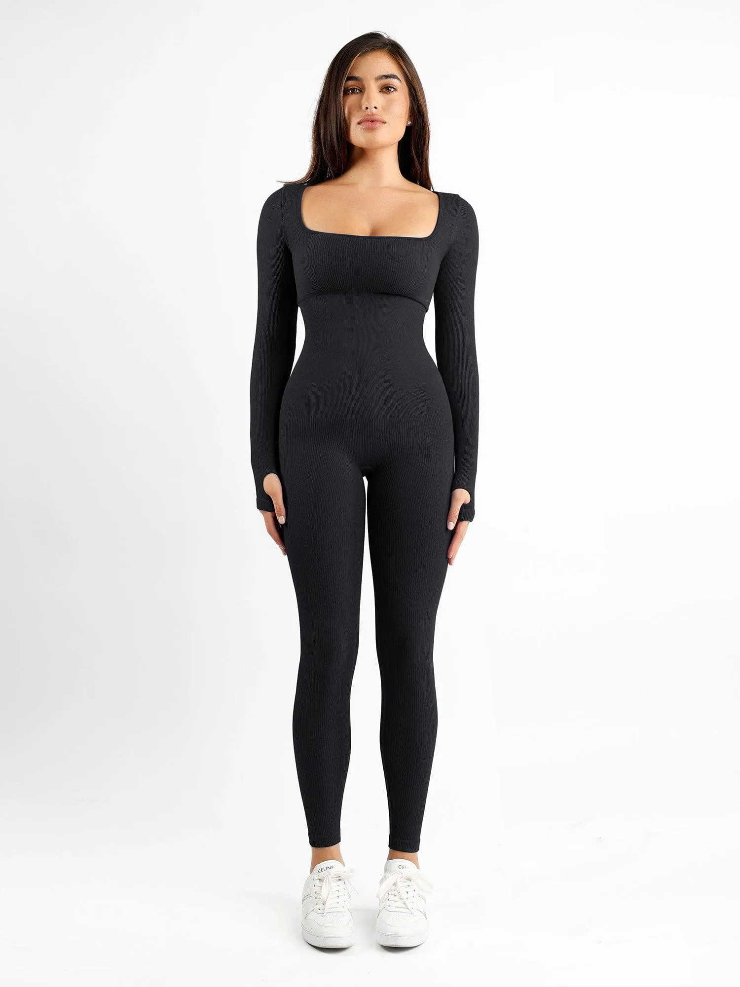 The Shapewear Jumpsuit Seamless Thumb Hole Square Neck Long Sleeve For Insiders
