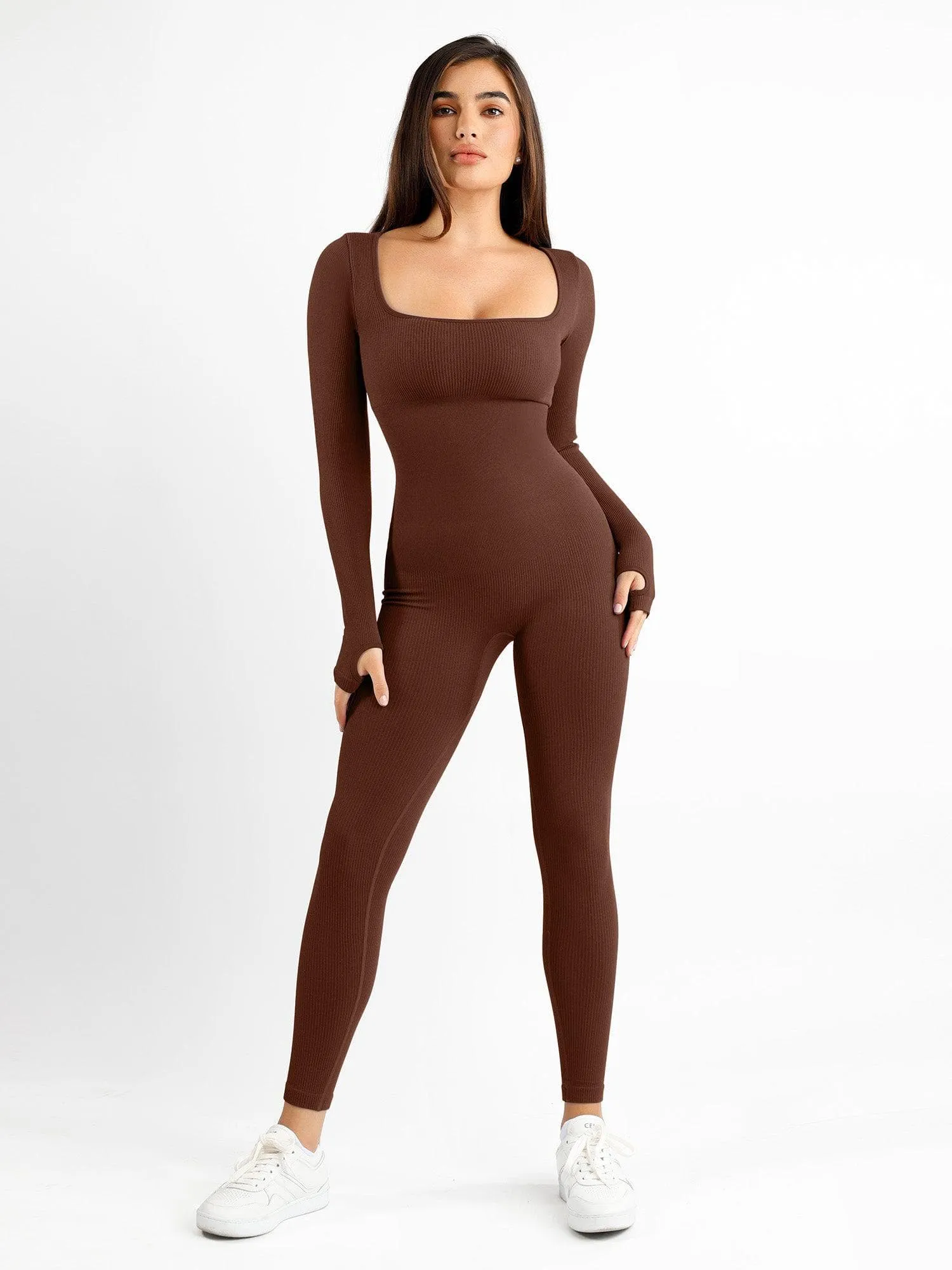 The Shapewear Jumpsuit Seamless Thumb Hole Square Neck Long Sleeve For Insiders