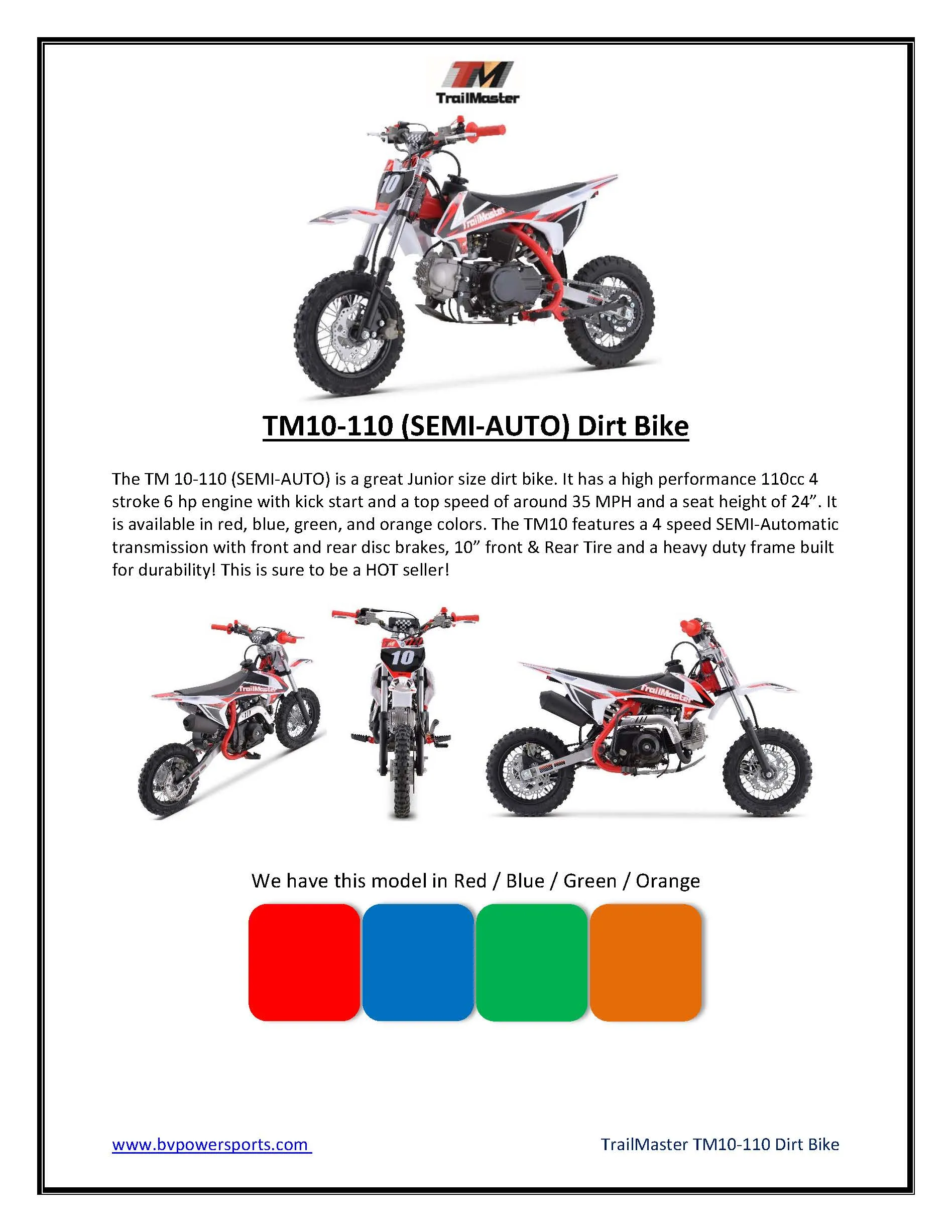 Trailmaster TM10 Dirt Bike,Kick start, Semi Automatic 4 speed , 24.41 inch seat height , 10 inch rims