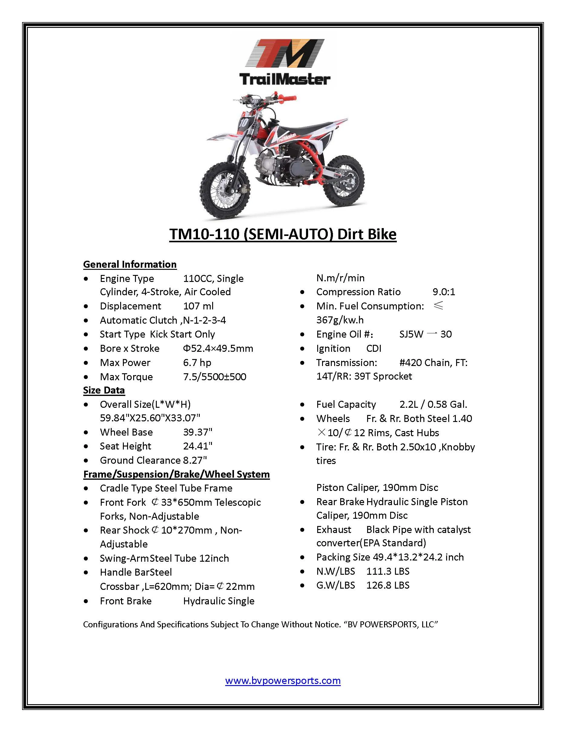 Trailmaster TM10 Dirt Bike,Kick start, Semi Automatic 4 speed , 24.41 inch seat height , 10 inch rims