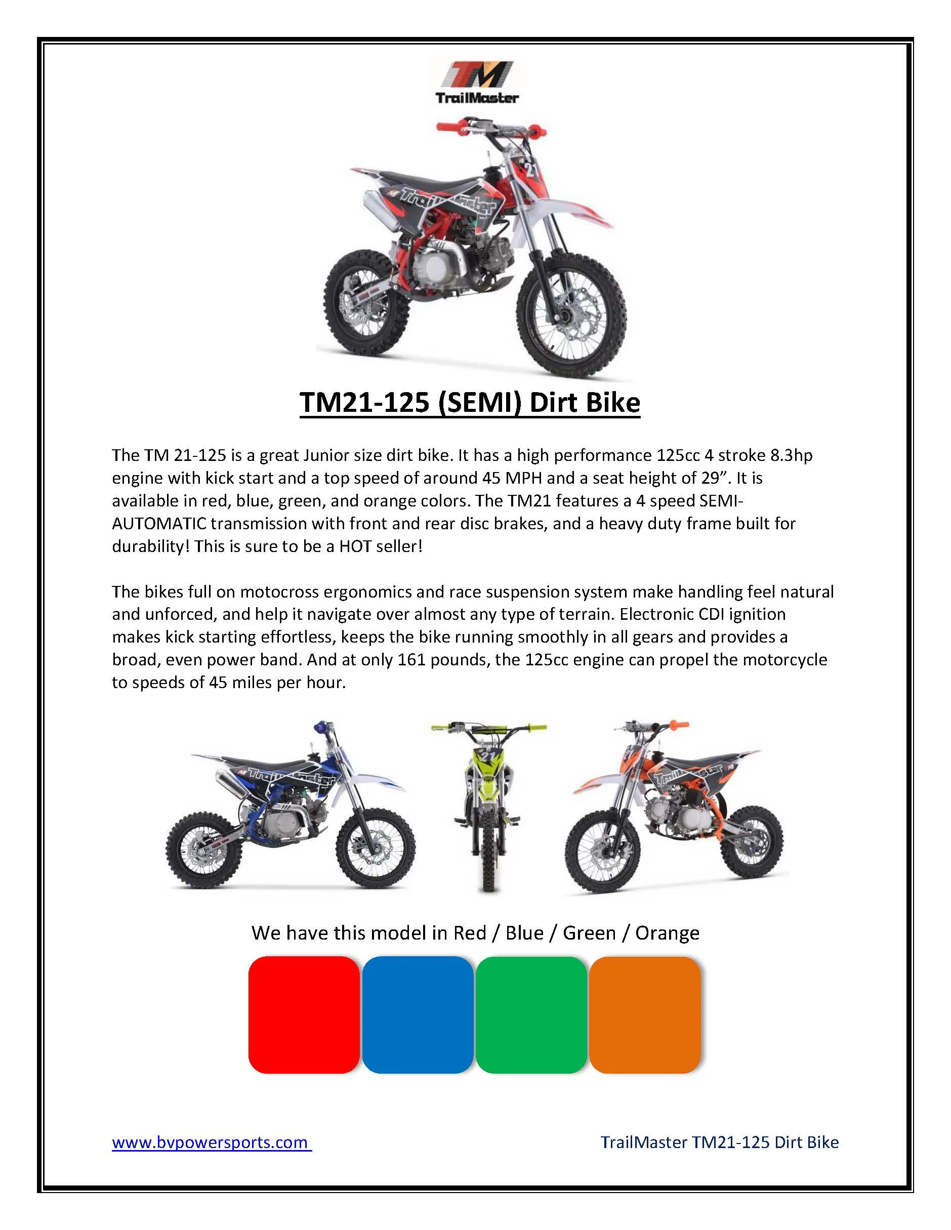 Trailmaster TM21 Dirt Bike 125cc - Semi Automatic 4 speed, 29.13-inch seat height, kick start, 14 inch front tire