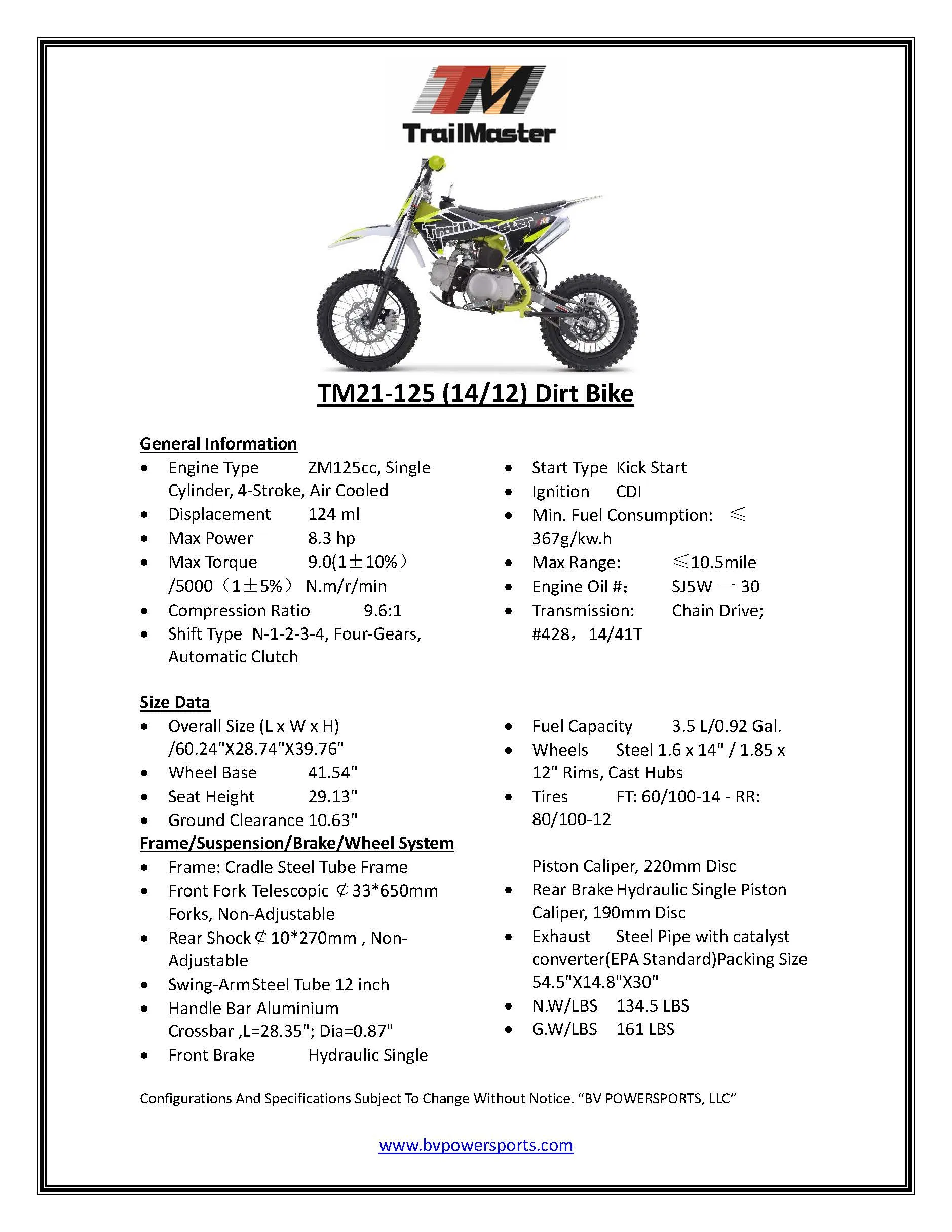 Trailmaster TM21 Dirt Bike 125cc - Semi Automatic 4 speed, 29.13-inch seat height, kick start, 14 inch front tire