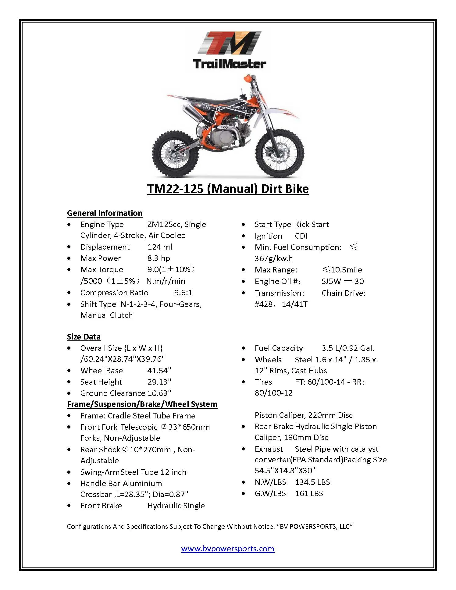 Trailmaster TM22 Dirt Bike, Air Cooled 124cc 4 Stroke  4 Speed  Manual Transmission, 29.13 Seat Height, Kick  Start, 14 inch Front Tire,
