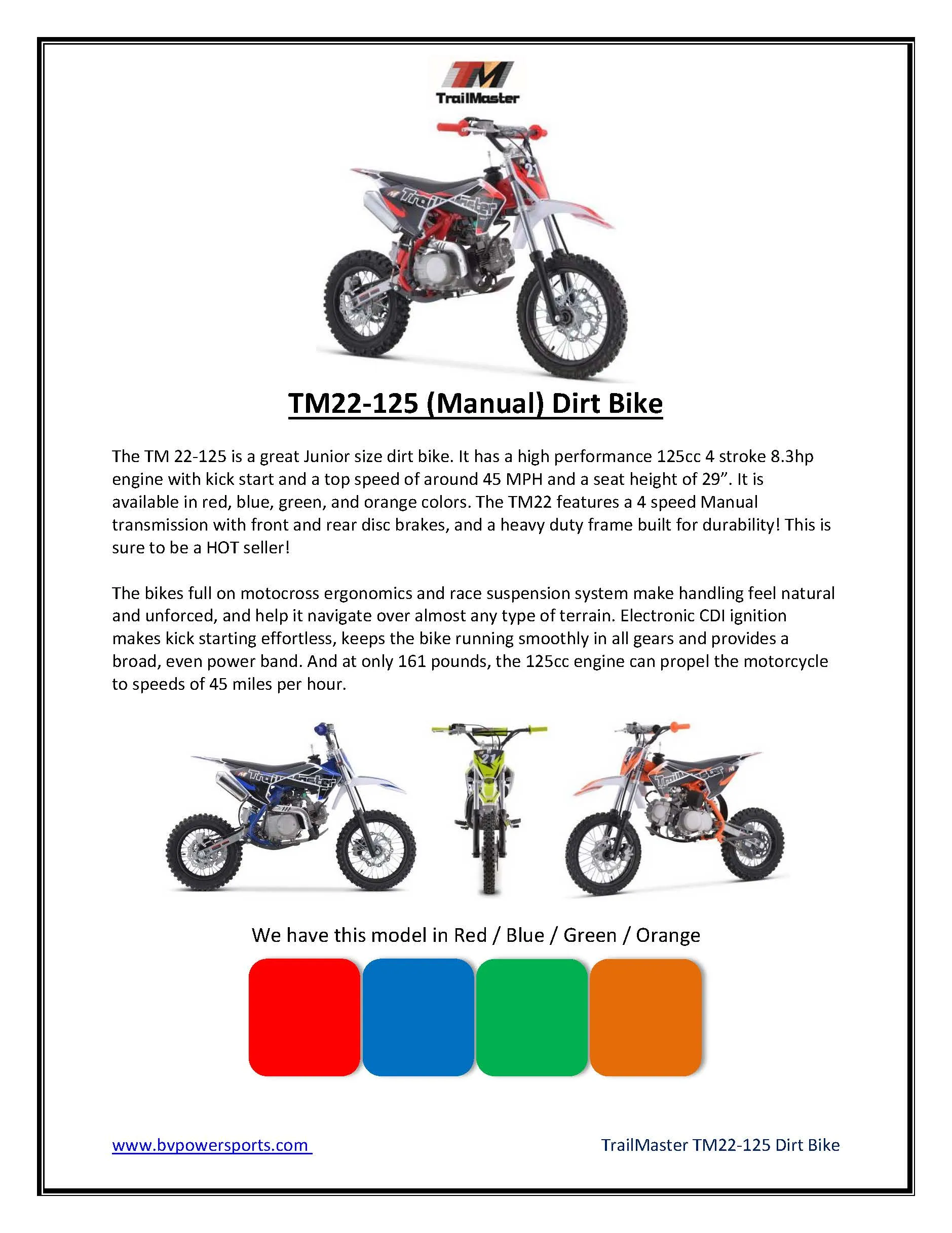 Trailmaster TM22 Dirt Bike, Air Cooled 124cc 4 Stroke  4 Speed  Manual Transmission, 29.13 Seat Height, Kick  Start, 14 inch Front Tire,