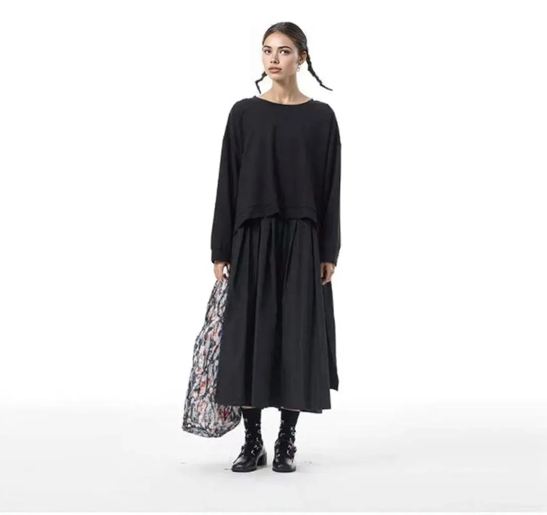 Two-Piece Black and Khaki Green Pleated Dress with Oversized Pullover