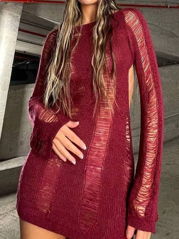 Uniwim Backless Distressed Long Sleeve Party Mini Dress
