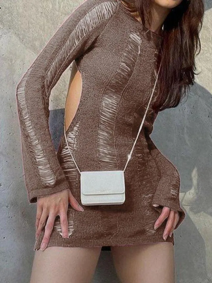 Uniwim Backless Distressed Long Sleeve Party Mini Dress