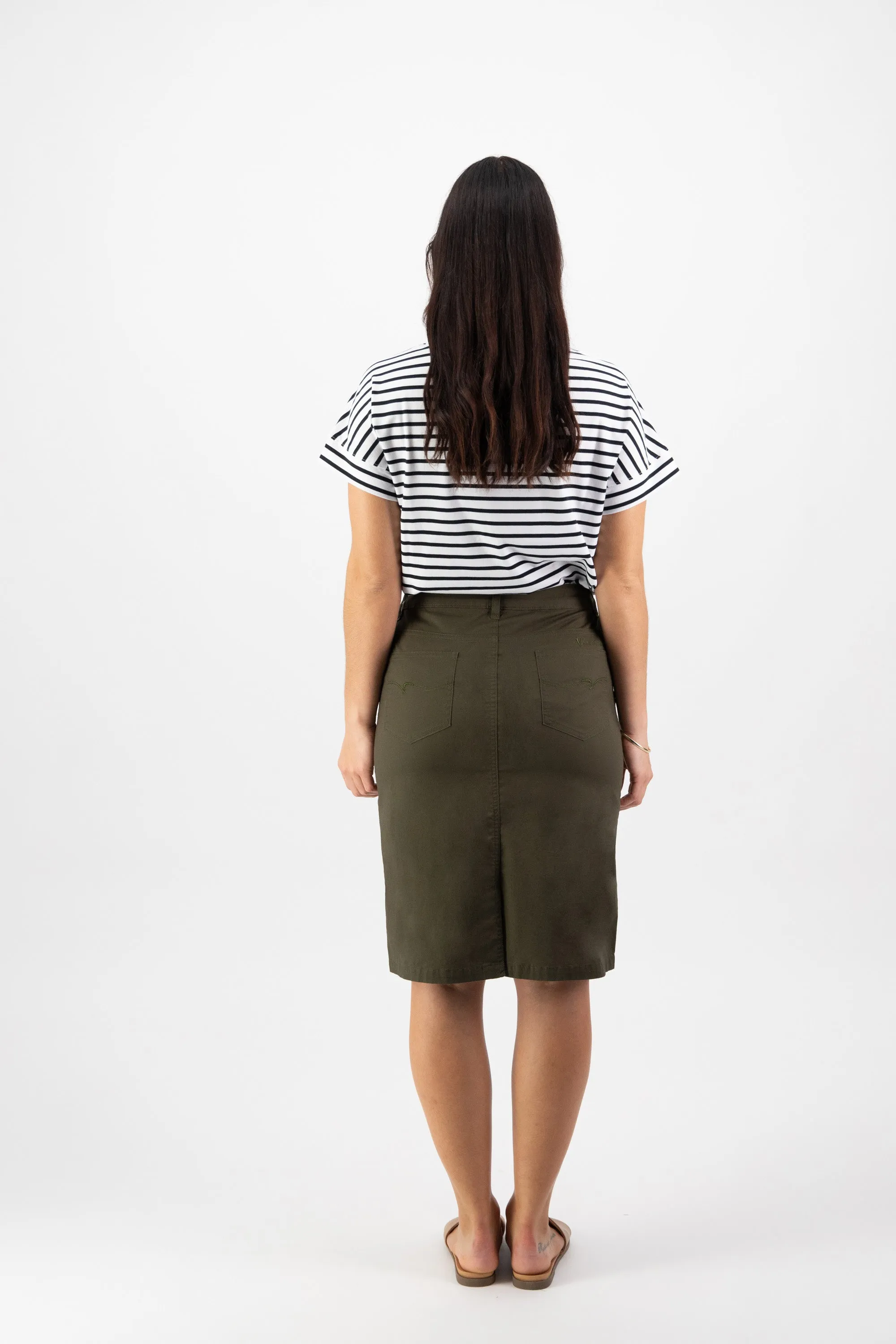 Vassalli Poplin Skirt with Back Vent - Khaki