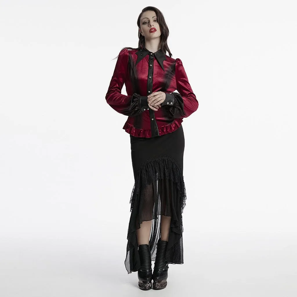 Women's Gothic Puff Sleeved Gradient Velvet Shirt Red