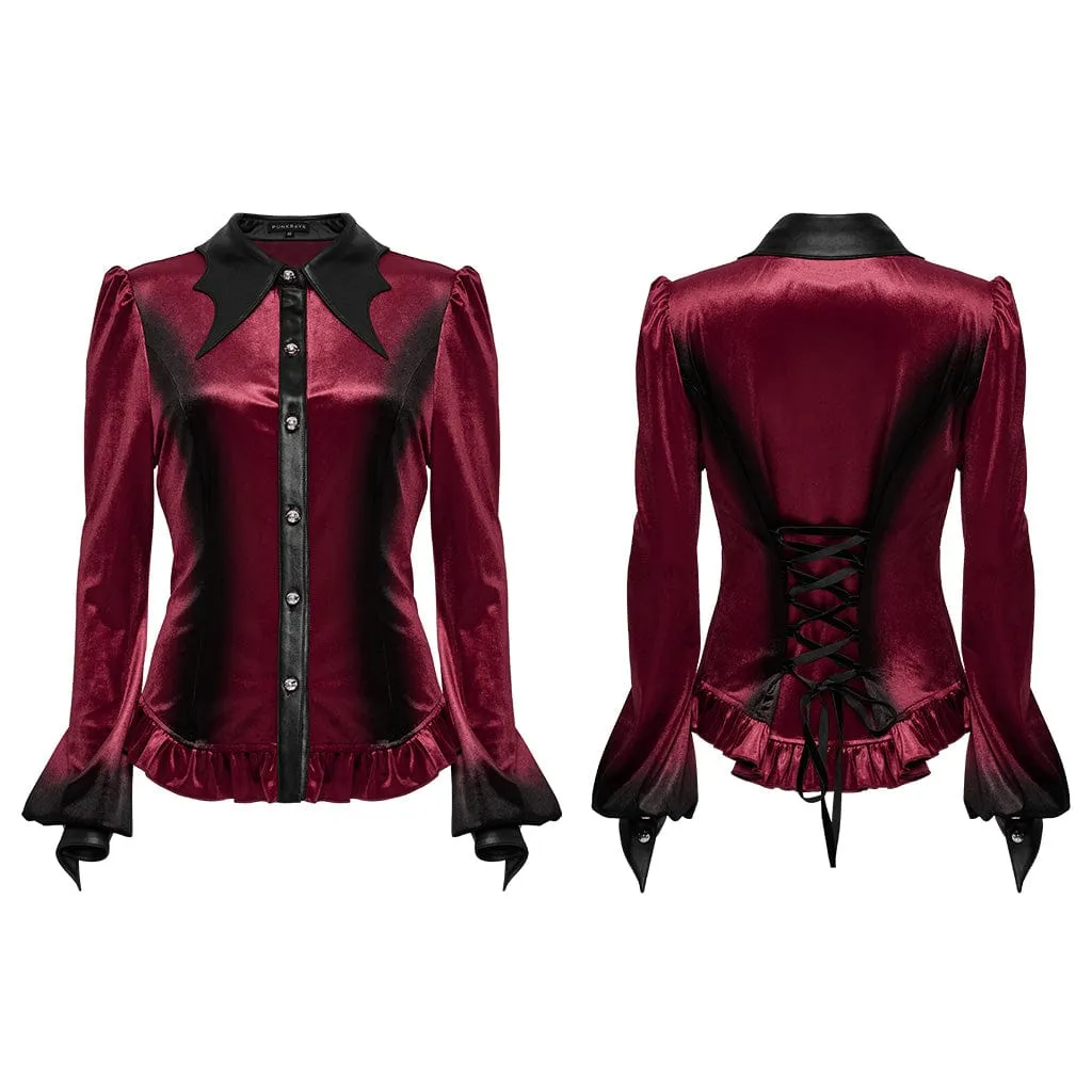 Women's Gothic Puff Sleeved Gradient Velvet Shirt Red
