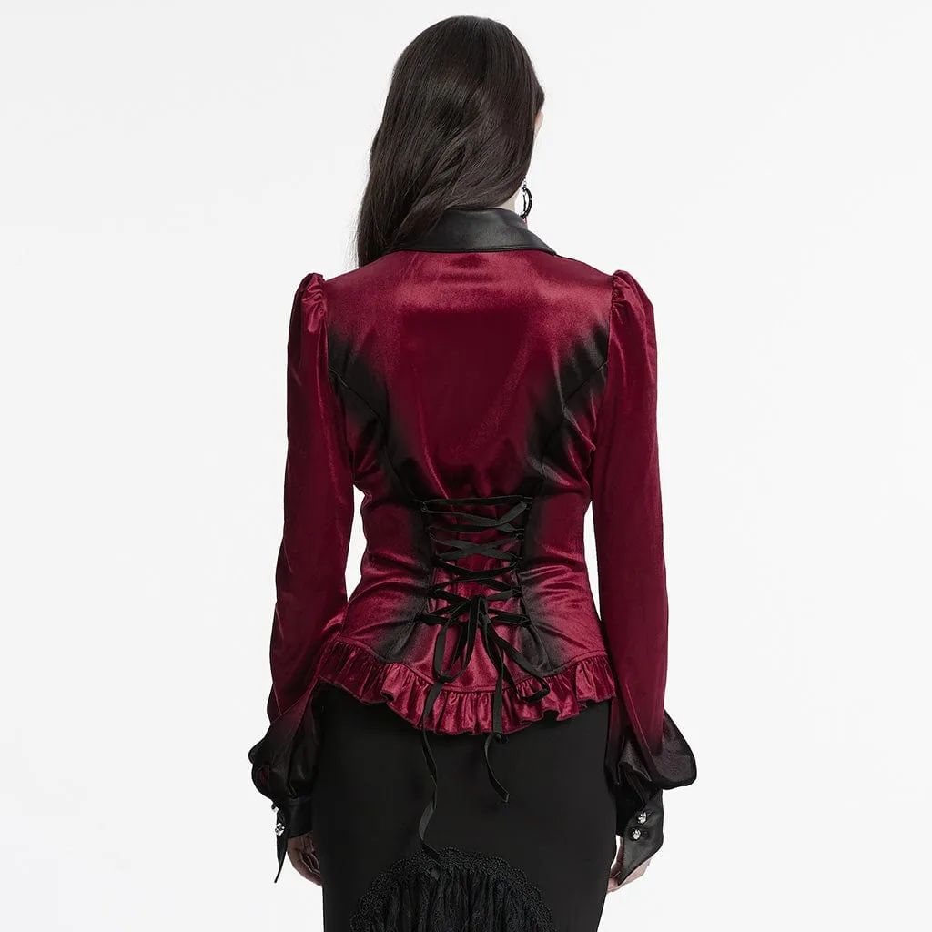 Women's Gothic Puff Sleeved Gradient Velvet Shirt Red
