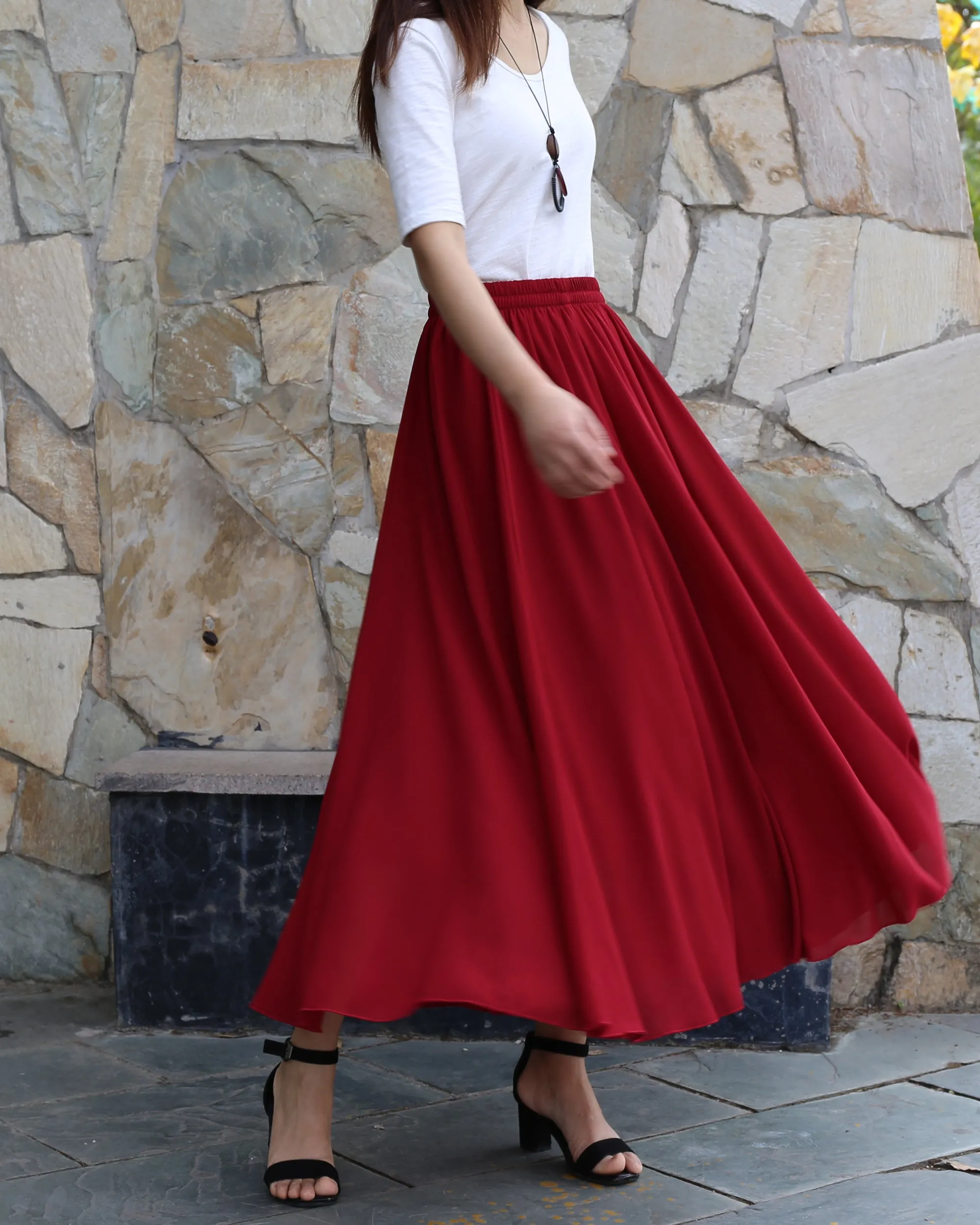 Women's summer skirt, chiffon skirt, maxi skirt, elastic waist skirt, long skirt, A-line skirt, customized skirt(Q2021)