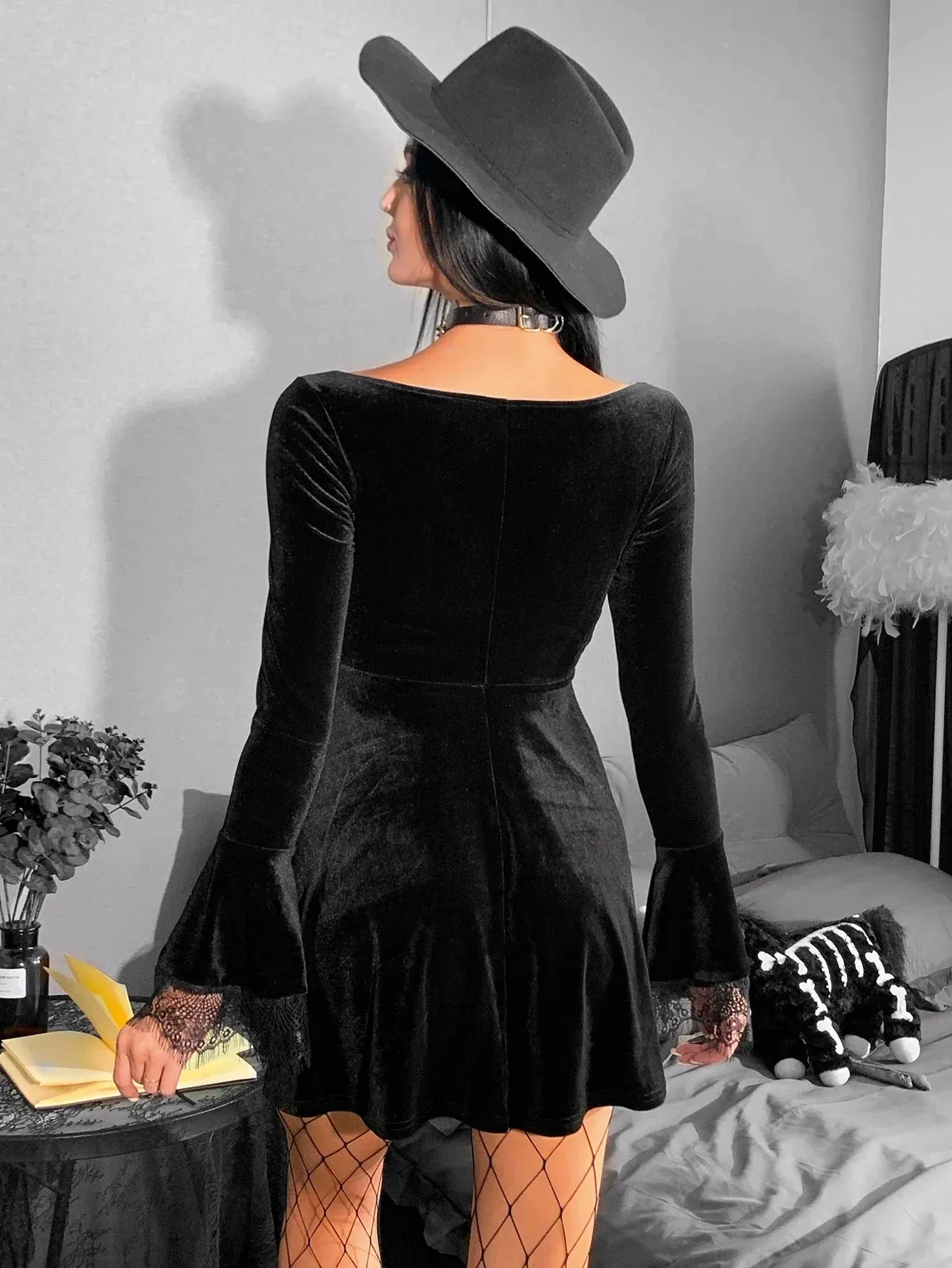 Y2K Harajuku High Waist A-Line Punk Grunge Vintage Flare Sleeve Velvet Lolita Dress